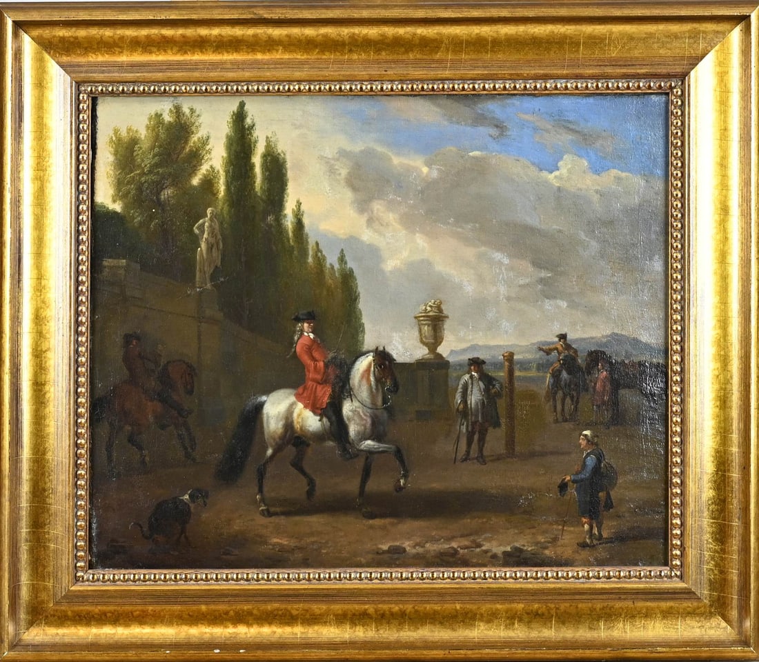Unsigned, Lipizzaner horses: Unsigned. 18th century. Viennese School. Lipizzaner horse training. Verso various sealing seals. Oil on linen. Dimensions: H 40 x W 49 cm. In reasonable/good condition.