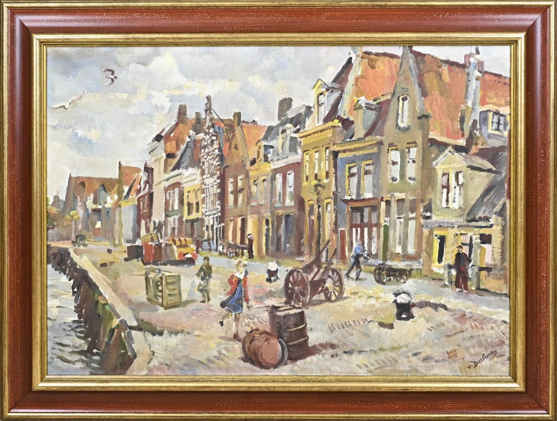 EBvan Dulmen Krumpelman, De Zoutsloot Harlingen: Erasmus Bernard van Dulmen Krumpelman. 1897 - 1987. The Zoutloot Harlingen with figures on the quay. Oil on linen. Dimensions: H 65 x W 90 cm. In good condition.