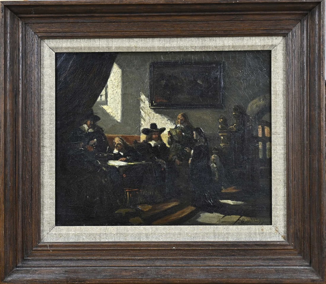 JAB Stroebel, 17th Century Dutch interior with noblemen: JAB Stroebel. 1821 - 1905. 17th century Dutch interior with noblemen. Oil on linen. Dimensions: H 19 x W 24 cm. In good condition.