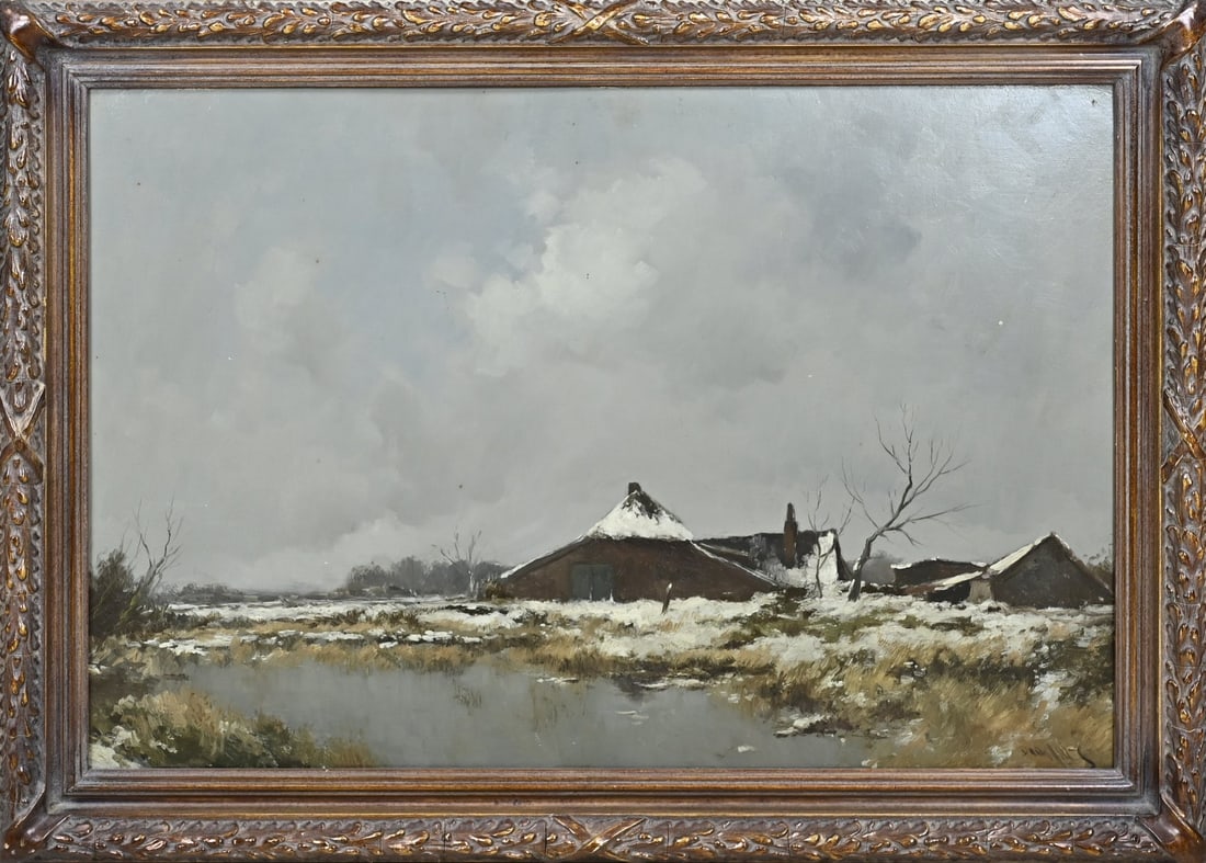 Dorus Arts, Winter landscape with farm: Dorus Arts. 1901 - 1961. Winter landscape with farm. Oil on panel. Dimensions: H 50 x W 75 cm. In good condition.