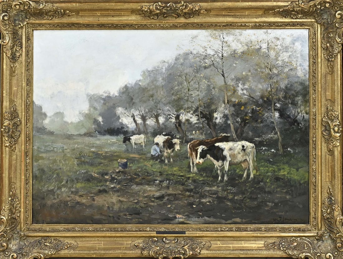 WGF Jansen, Landscape with cows and a milking farmer: WGF Jansen. 1871 - 1949. Landscape with cows, milking farmer and pollard willows. Oil on canvas. Dimensions: H 60 x W 80 cm. In good condition.
