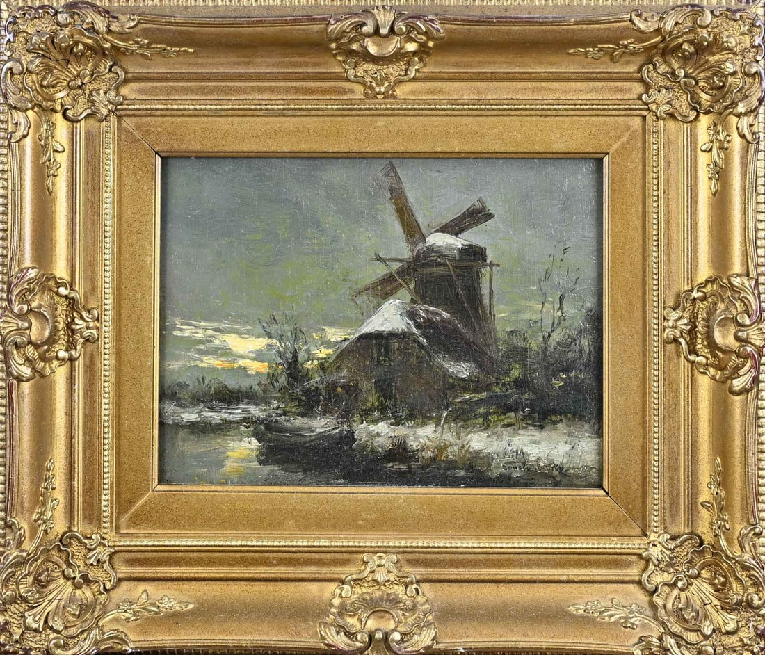 Constant Artz, Winter View: Constant Artz. 1870 - 1951. Hague School. Winter scene with windmill in the snow. Oil on panel. Dimensions: H 18 x W 24 cm. In good condition.