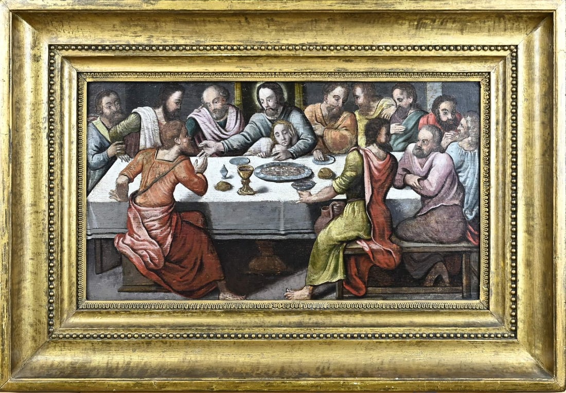 Unsigned, The Last Supper: Unsigned. Circa 1800. The Last Supper. Oil on panel. Dimensions: H 30 x W 55 cm. In good condition.