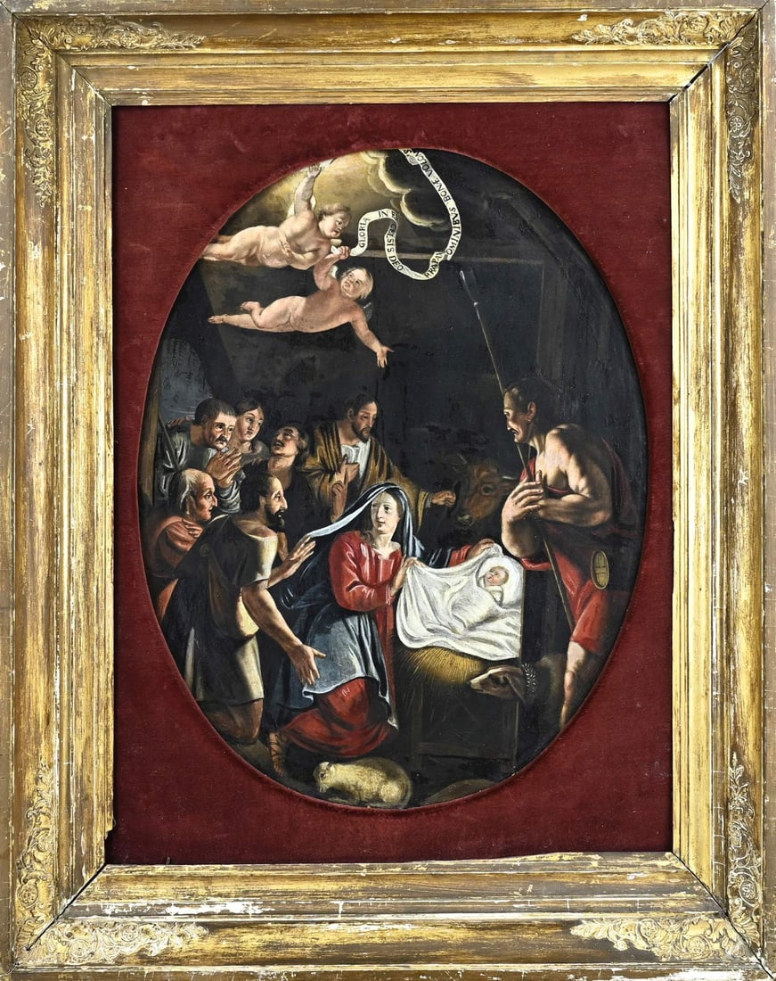 Unsigned, Birth of Jesus Christ: Unsigned. 18th century. Birth of Jesus Christ with Latin motto. Retouches. Oil on linen. Dimensions: H 56 x W 46 cm. In reasonable condition.