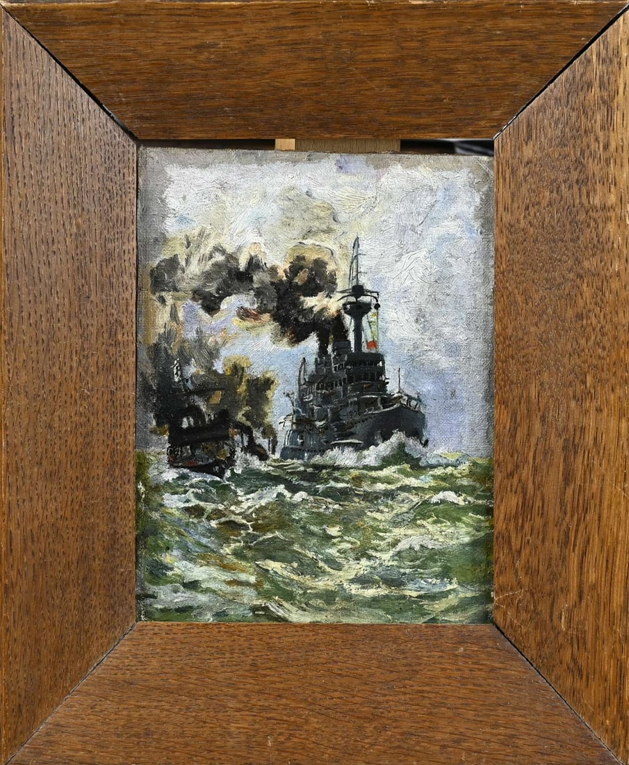 Willy Stöwer, Two German military ships: Willy Stöwer. 1864 - 1931. Two German military ships. Oil on canvas. Marouflé. Dimensions: H 17 x W 13 cm. In good condition.