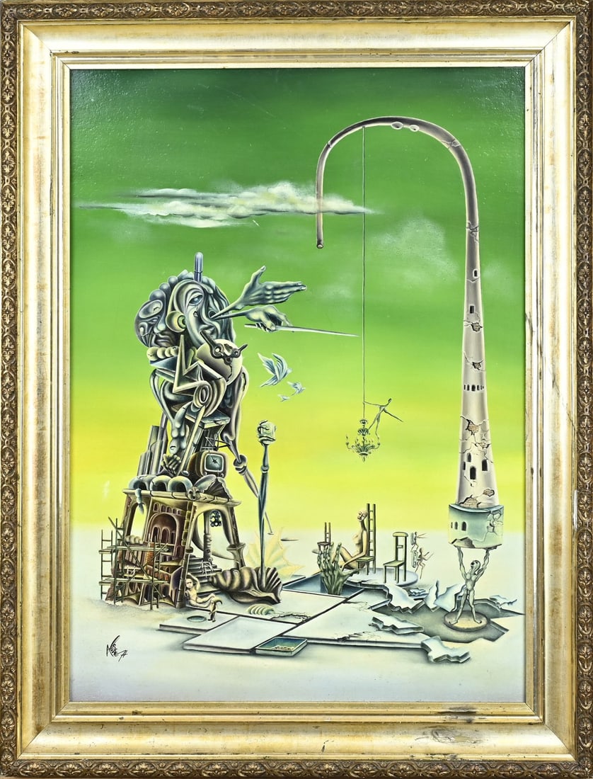 Peter Losse, Surrealistic: Peter Losse, 1974. 1945 - 2013. German School. Surrealistic landscape. Dimensions: H 80 x W 58 cm. In good condition.