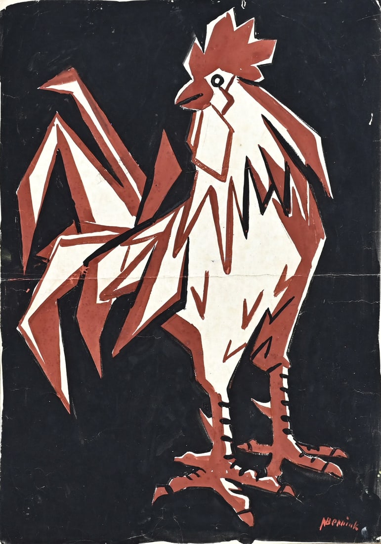 Klaas Bernink, Rooster: Klaas Bernink. 1913 - 1996 Glanerbrug. Stylistic rooster. Poster paint on paper. Dimensions: H 44 x W 31 cm. In good condition.