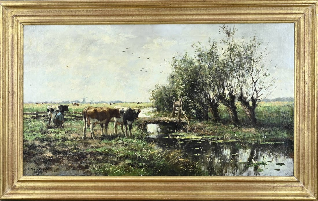 C. Verschuur, Landscape with cows and a milking farmer: C. Verschuur. (Cor Bouter). 1888 - 1966. Landscape with cows and milking farmer. Oil on canvas. Dimensions: H 40 x W 70 cm. In good condition.