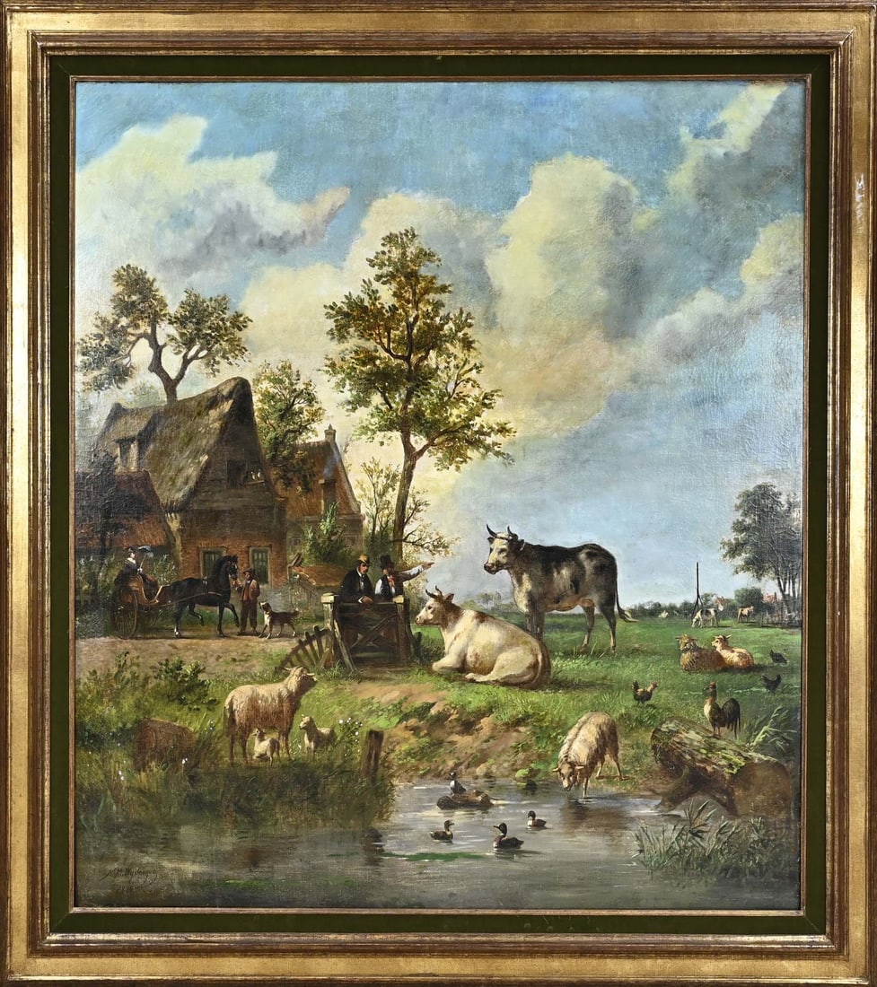 NM Wijdoogen, Landscape with cattle, farmer and farm: Nicolaas Martinus Wijdogen. 1824 - 1898. Landscape with many cattle, and farmer at farm. Restoration. Oil on canvas. Dimensions: H 130 x W 120 cm. In reasonable condition.