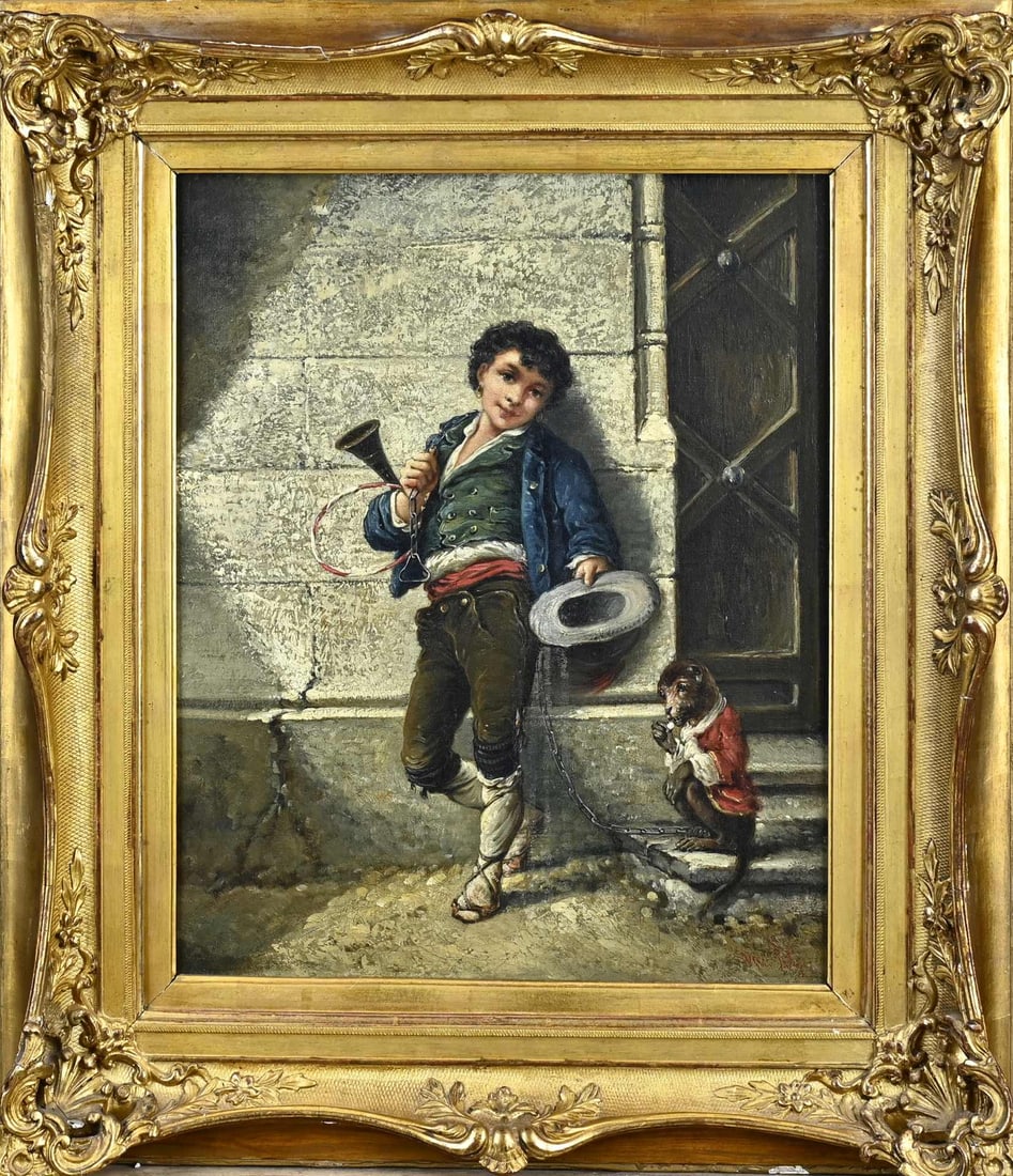 Henri van Wijk, Musician with monkey: Henri van Wijk. 1833 - . Musician with monkey. Oil on canvas. Dimensions: H 43 x W 36 cm. In good condition.