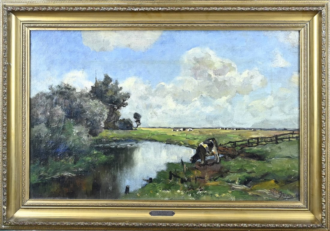 JH Wijsmuller, Dutch meadow landscape with cows: JH Wijsmuller. 1855 - 1925. Dutch meadow landscape with cows. Oil on canvas. Dimensions: H 38 x W 60 cm. In good condition.