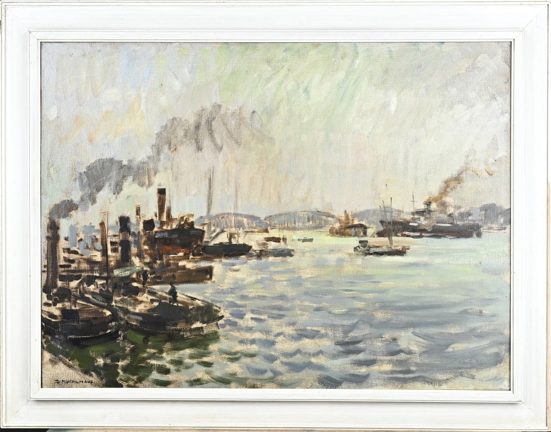 D. Muelhaus, Ships at Maas Bridge: Daniël Muelhaus. 1907 - 1981. Ships at Maasbrug. Oil on canvas. Dimensions: H 60 x W 80 cm. In good condition.
