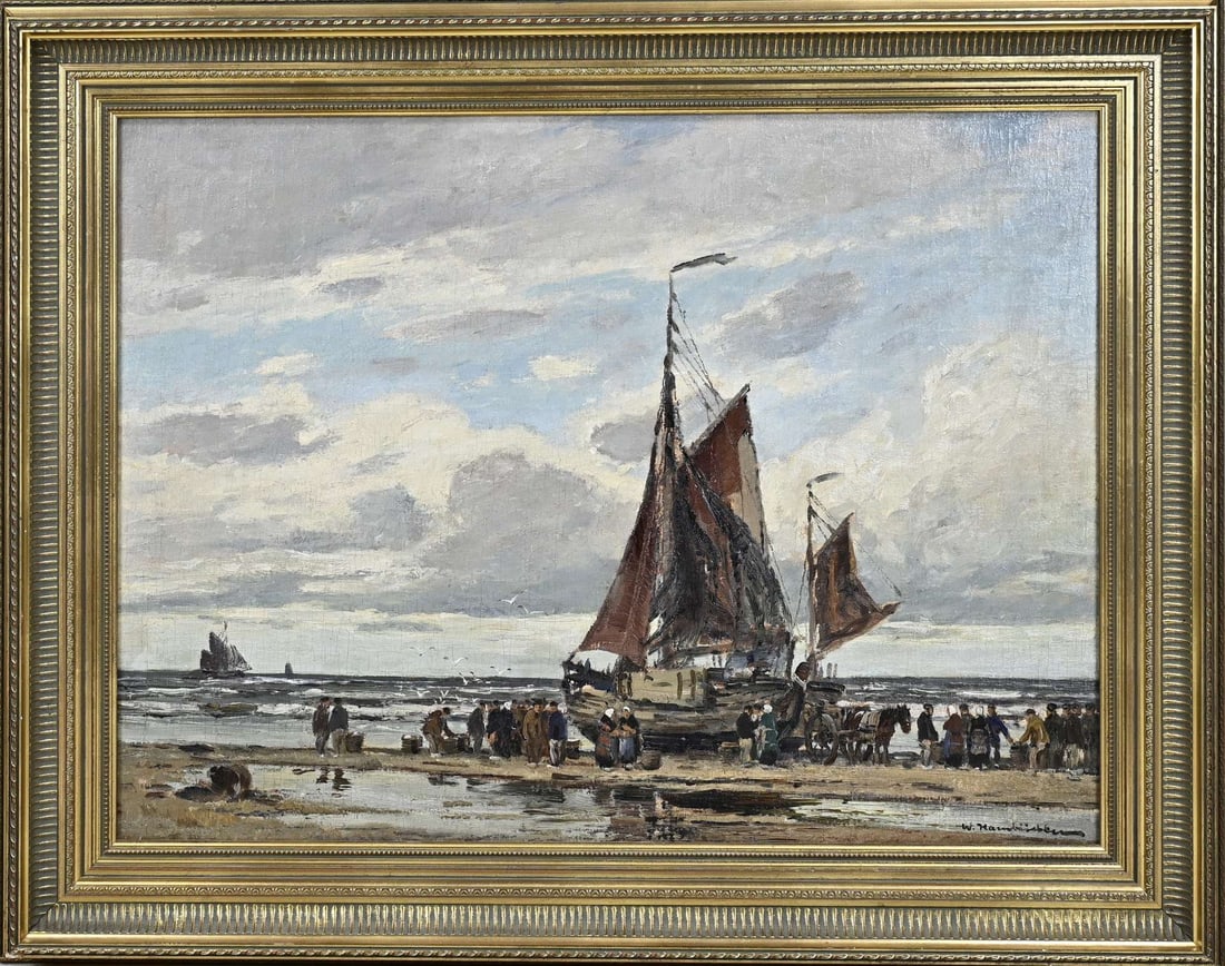 W. Hambüchen, Boats on the beach with fishing people: Wilhelm Hambüchen. 1869 - 1939. Bomschuiten on beach with large group of fishermen. Oil on canvas. Dimensions: H 60 x W 80 cm. In good condition.