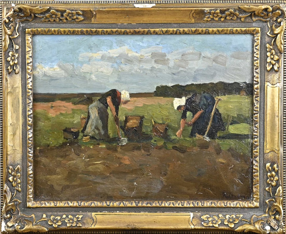 J. Ritsema, Female agricultural workers: Jacob Ritsema. 1869 - 1943. Female farm workers. Oil on panel. Dimensions: H 30 x W 39 cm. In good condition.