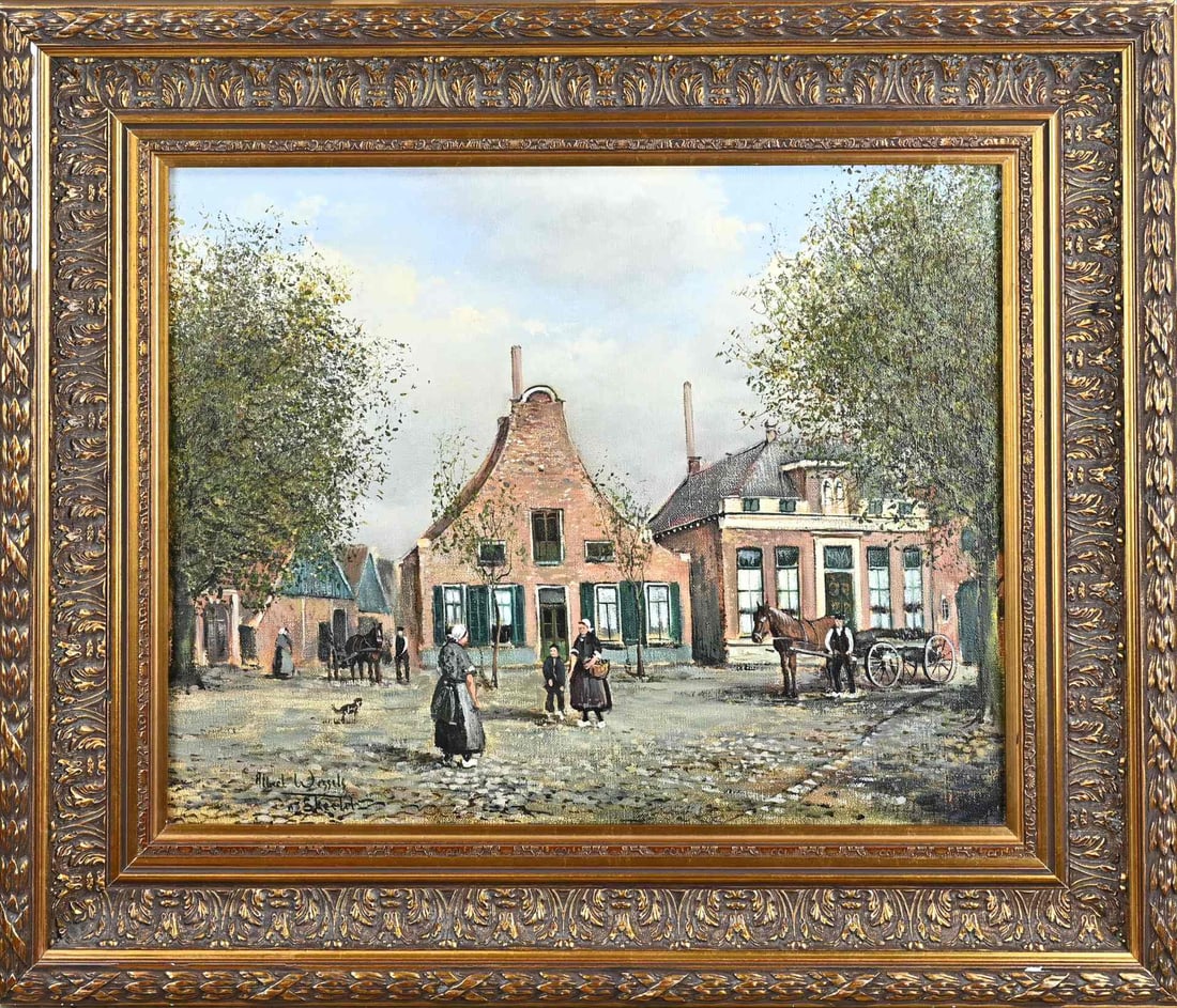 Albert Wessels, Village Street Rijssen: Albert Wessels. Rijssen. Village street Rijssen with figures. Oil on canvas. Dimensions: H 40 x W 50 cm. In good condition.