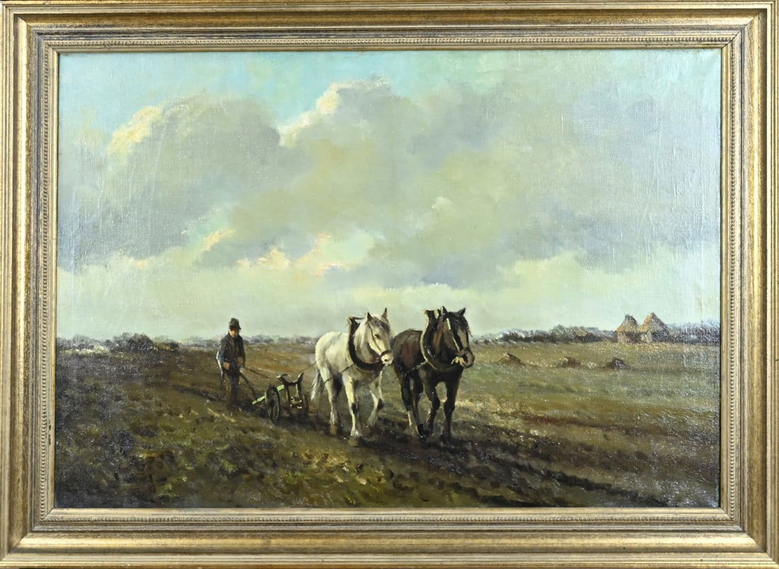 Unclearly signed, Farmer with horse team: Unclearly signed. Farmer with team of horses ploughing. Oil on canvas. Dimensions: H 50 x W 70 cm. In good condition.