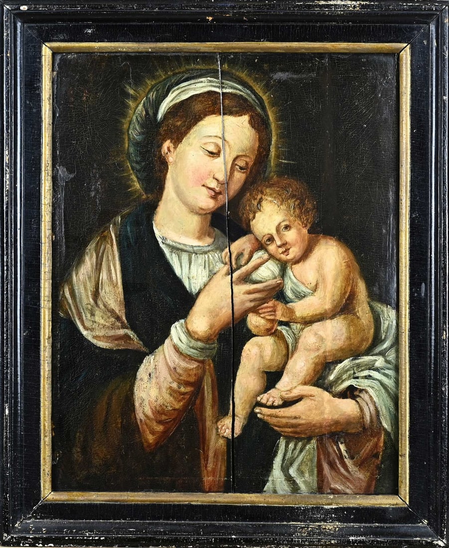 Italian School?, Mary with baby Jesus: 17th - 18th Century. Italian School? Mary with baby Jesus. Oil on panel. Panel cracked. Dimensions: H 45 x W 35 cm. In fair condition.
