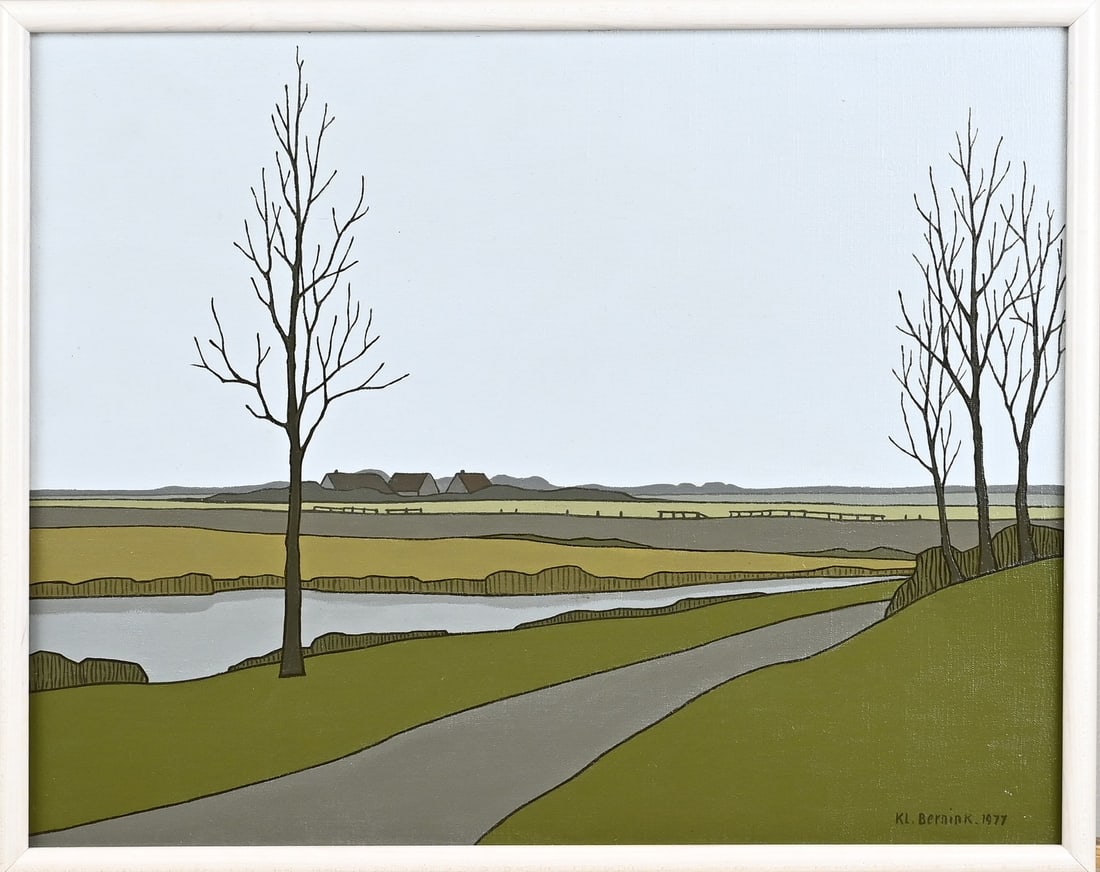 Klaas Bernink, Steenwijkerwold: Klaas Bernink. 1913 - 1996. Landscape Steenwijkerwold 1977. Acrylic on linen. Dimensions: H 40 x W 50 cm. In good condition.