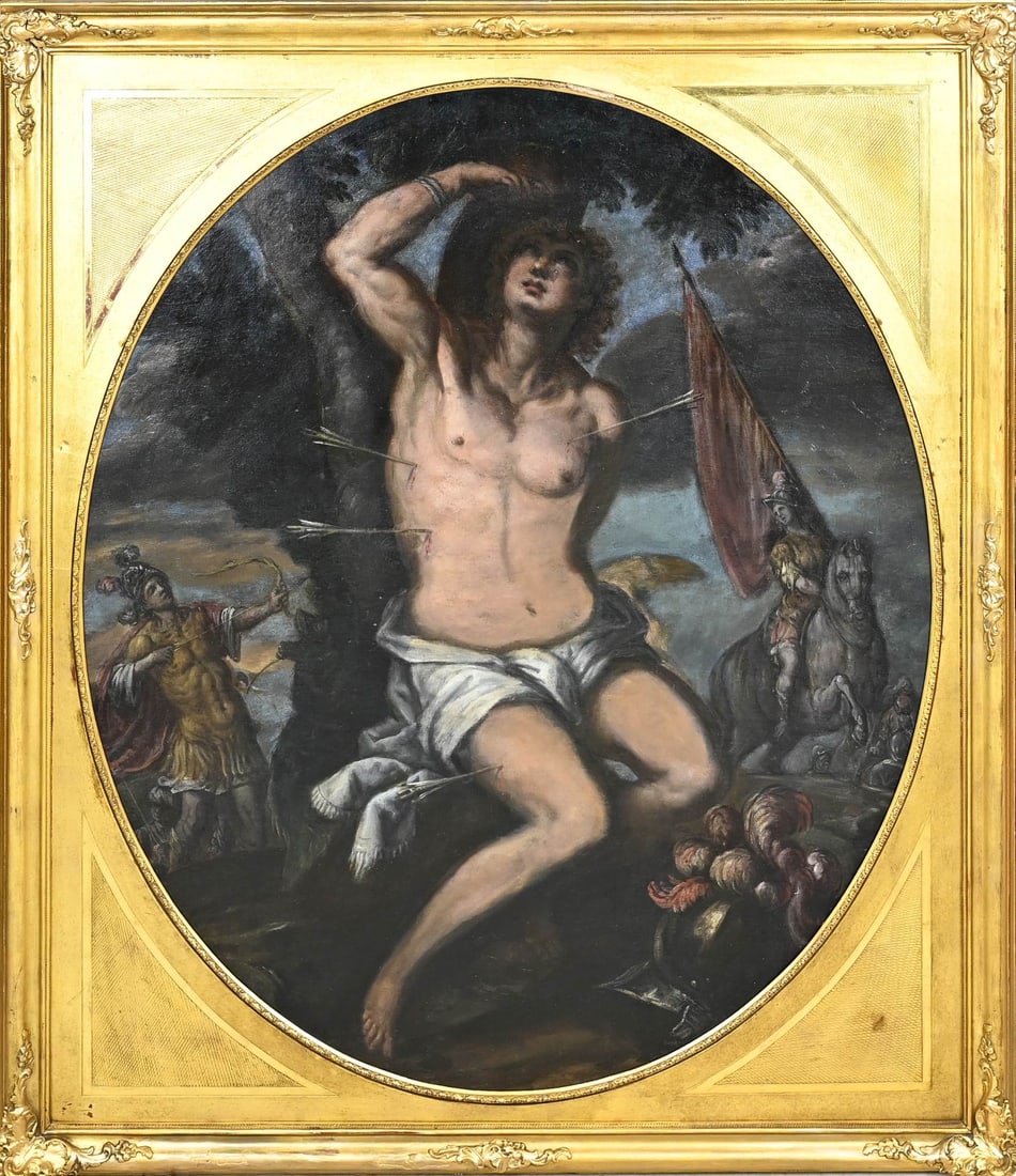 18th century painting: 18th Century. Italian School. Saint with arrows, shot by Romans. Relining + restoration. With beautiful original gilded frame. Oil on linen. Dimensions: H 95 x W 78 cm. In good condition.