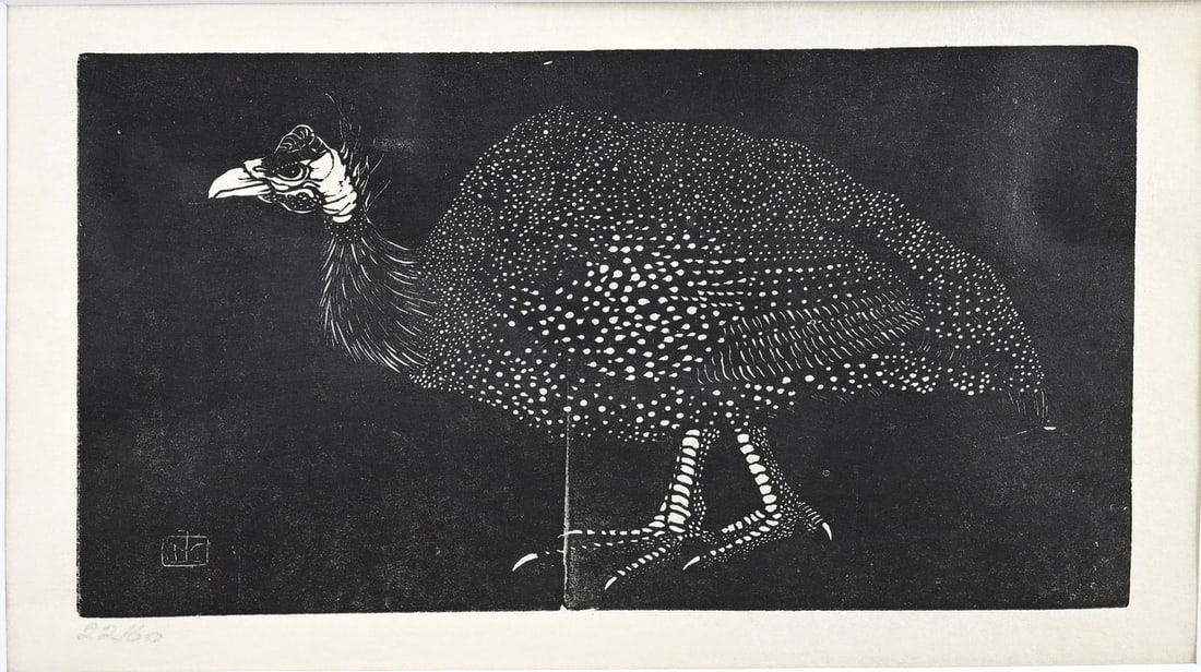 Jan Mankes, Guinea fowl: Woodcut Jan Mankes. Unsigned with monogram. 1889 - 1920. Guinea fowl. Woodcut on paper. Dimensions: H 12 x W 18 cm. In good condition.