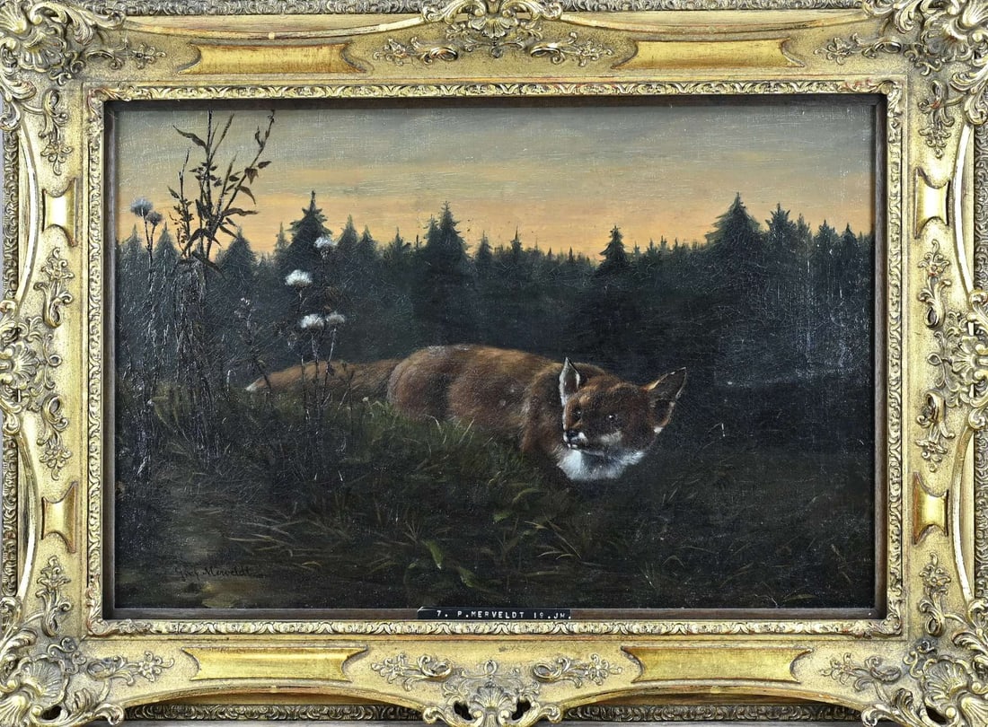 Paul Graf von Merveldt, Fox in a landscape: Paul Graf von Merveldt. 1871 - . Fox in landscape. Oil on canvas. Dimensions: H 37 x W 57 cm. In good condition.