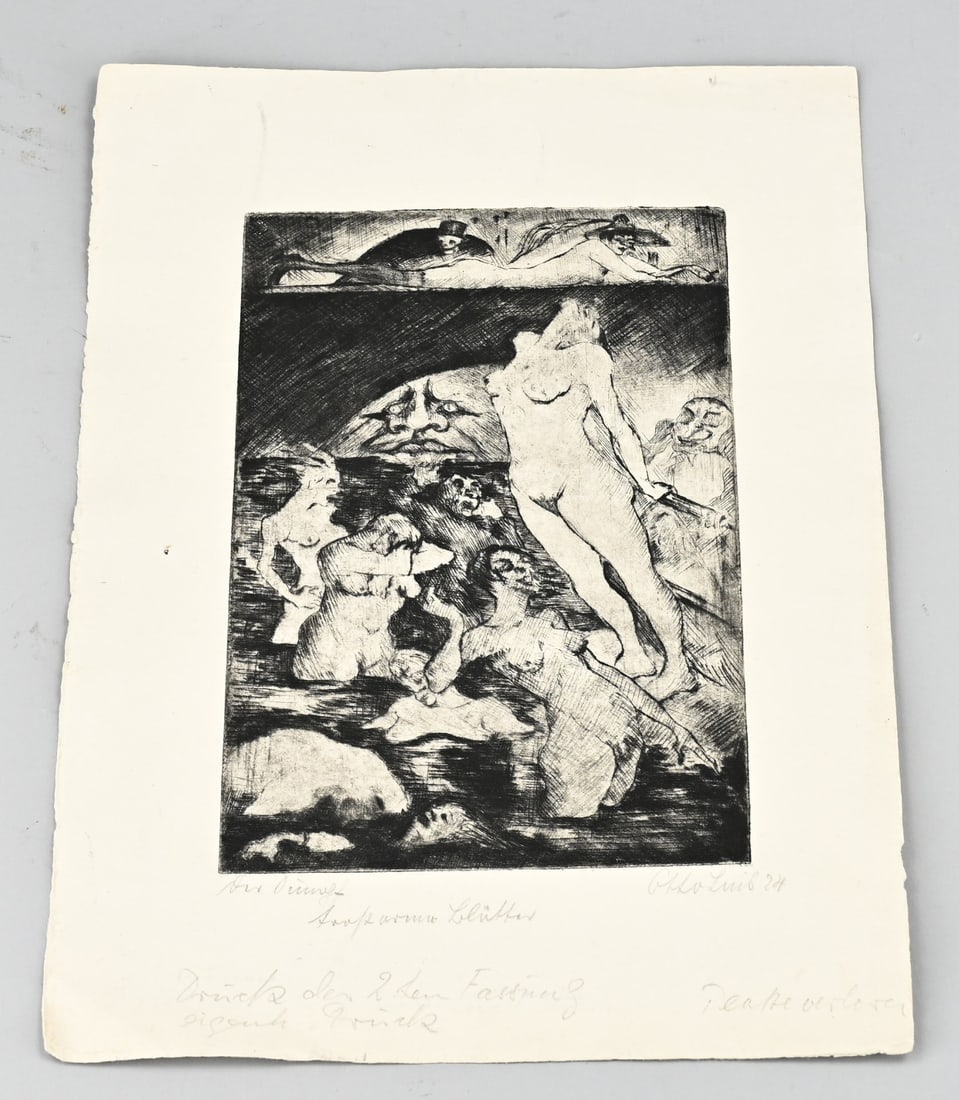 Otto Lais, Naked Women: Otto Lais, 1924. 1897 - 1988. German School. Nude women composition + text. Etching on paper. Dimensions: H 37 x W 26 cm. In good condition.