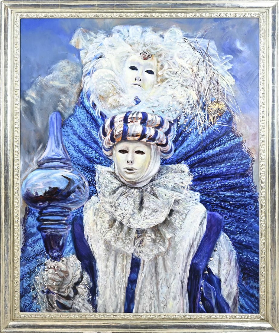 Unclear, Venetian figures: Unclear. Modern. Second half 20th century. Venetian figures. Oil on canvas. Dimensions; H 130 x W 100 cm. In good condition.