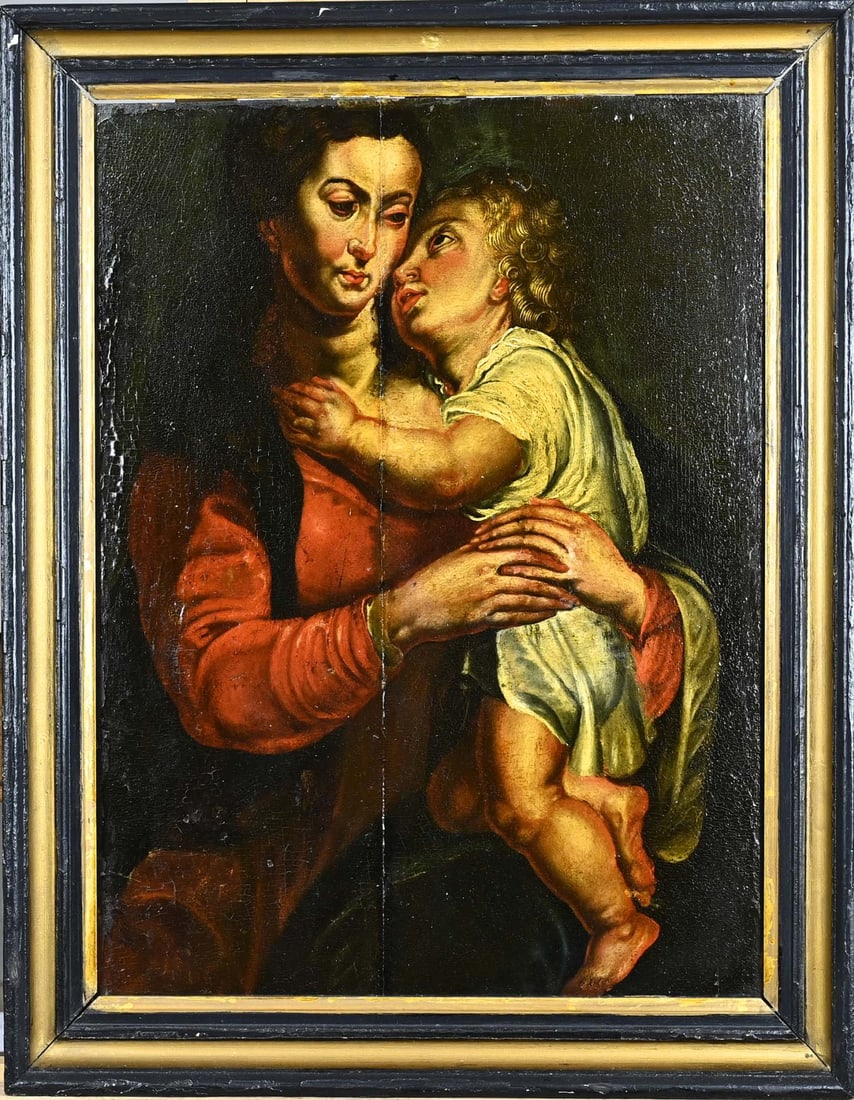 Italian School, Mary with Child: Italian School. 18th Century. Virgin and Child. Oil on panel. Restorations. Dimensions: H 69 x W 46 cm. In fair condition.