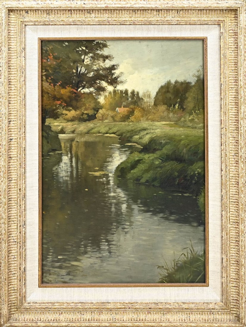 Gerard Krol, Twente stream the Dinkel: Gerard Krol. 1882 - 1950 Enschede. Twente stream the Dinkel. Oil on panel. Dimensions: H 60 x W 40 cm. In good condition.