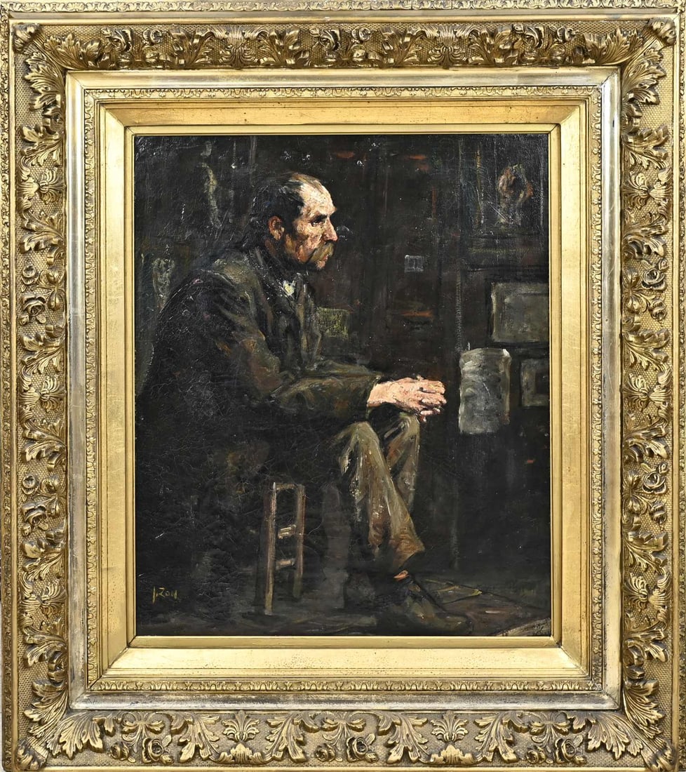 Jacques Zon, Man in interior with paintings: Jacques Zon. 1872 - 1932. Man in interior with paintings. Oil on canvas. Dimensions: H 60 x W 47 cm. In good condition.