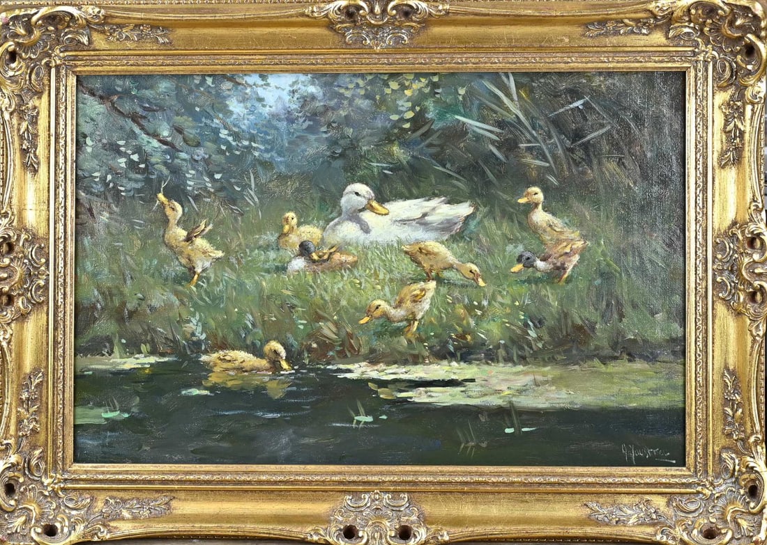 G. Joustra, Duck family at the water's edge: G. Joustra. 20th Century. Duck family at the waterfront. Oil on canvas. Dimensions: H 40 x W 60 cm. In good condition.
