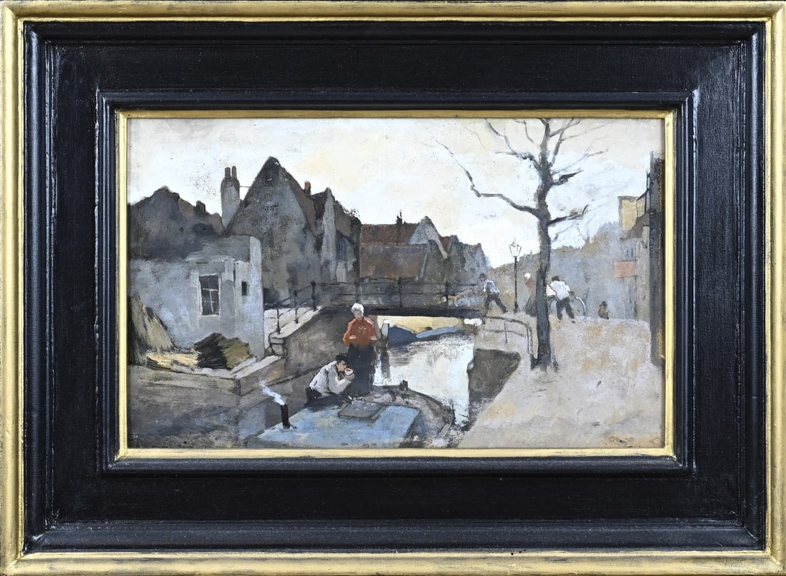Ype Wenning, City Canal Delft: Ype Wenning. 1879 - 1959. City canal Delft with figures. Dimensions: H 20 x W 32 cm. In reasonable/good condition.