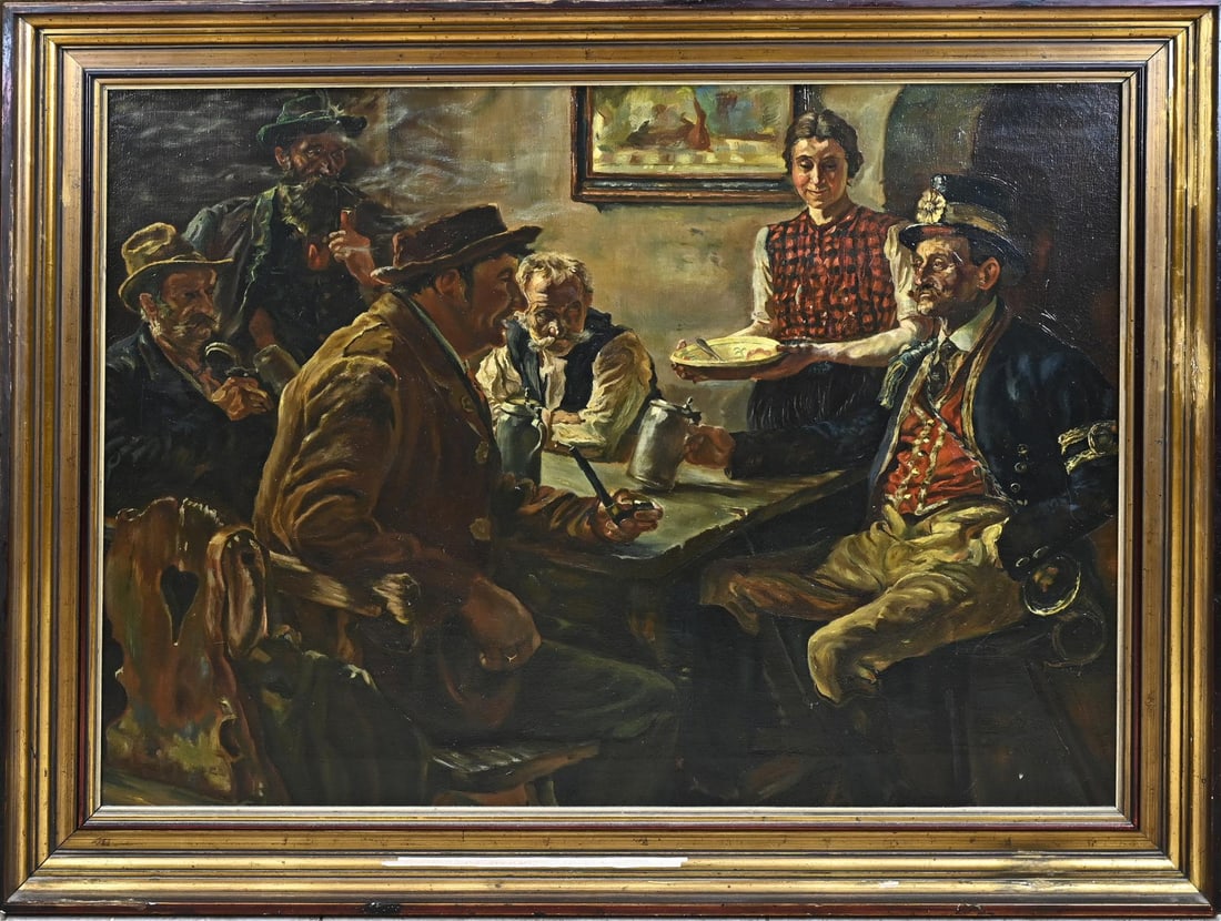 Unsigned, Inn with figures: Unsigned. Circa 1900. German School. Inn interior with figures. Oil on canvas. Dimensions: H 68 x W 90 cm. In good condition.