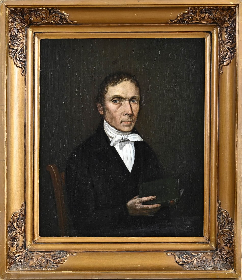 Unsigned, Portrait of a man: Unsigned. Circa 1840. Portrait of a man with a book. Oil on panel. Dimensions: H 28 x W 23 cm. In good condition.