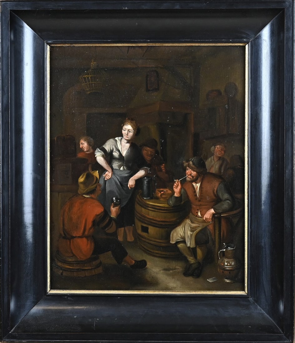 R. Brakenburgh, Inn interior with figures: Richard Brakenburgh (after/naar). 19th century or older? Inn interior with figures. Oil on panel. Overpainting. Dimensions: H 37 x W 29 cm. In reasonable condition.