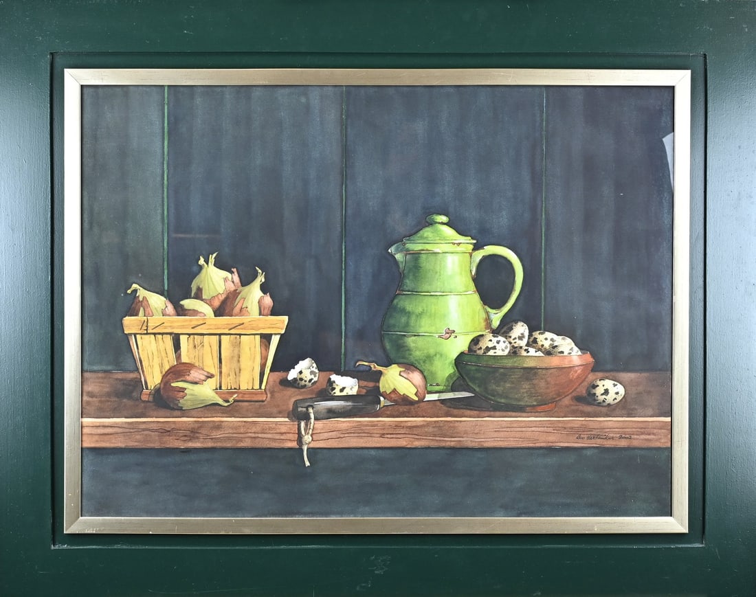 Leo Hartzuiker, Still life: Leo Hartzuiker (2002). Still life with lapwing eggs. Watercolour on paper. Dimensions: H 55 x W 75 cm. In good condition.