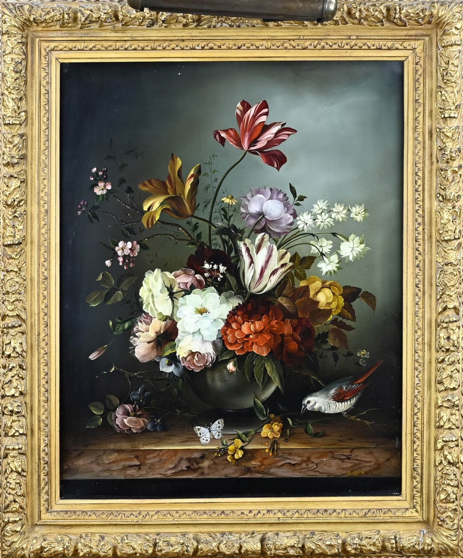 B. Pal, Flower still life: B. Pal. 20th Century. Flower still life with bird and butterfly. Oil on panel. Dimensions: H 50 x W 40 cm. In good condition.
