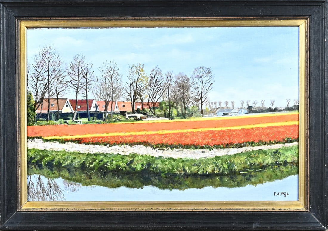 EC Arrow, Bulb Fields: EC Pijl. 20th Century. Dutch landscape with flower bulb fields. Oil on canvas. Maurouflé. Dimensions: H 25 x W 40 cm. In good condition.