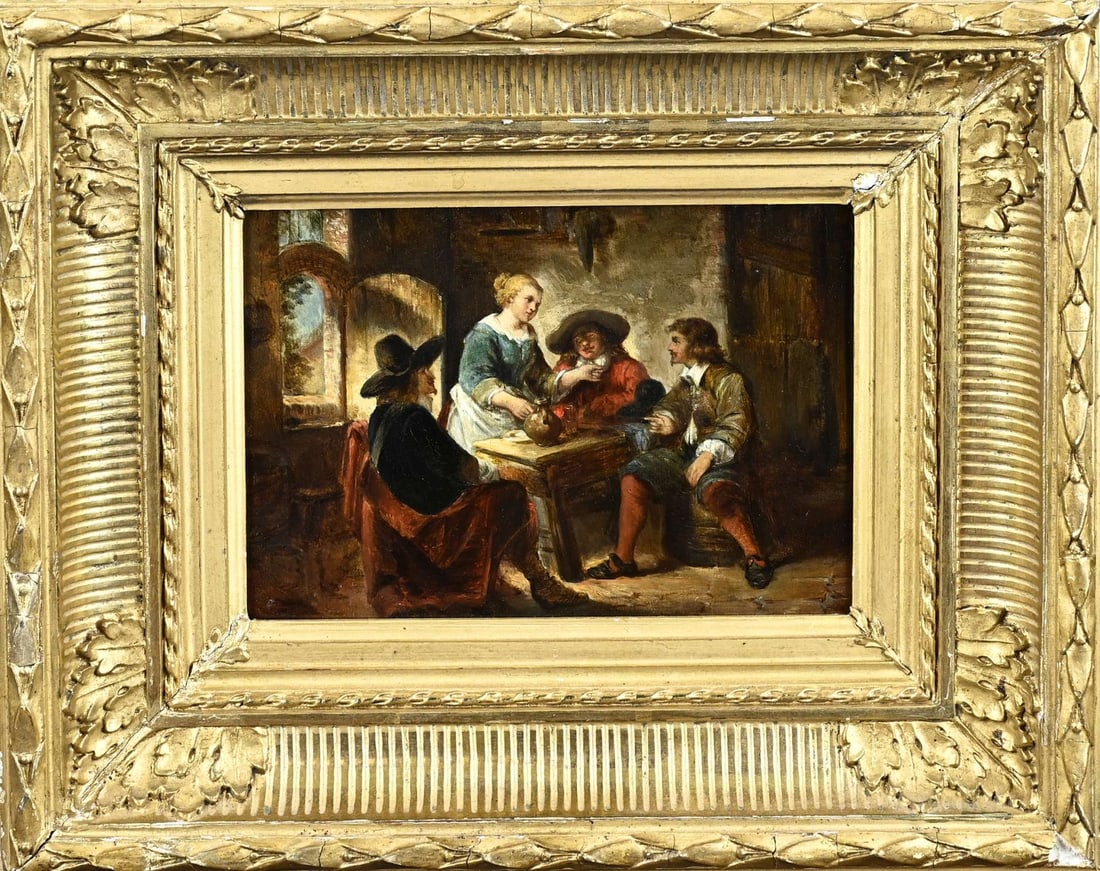 Unclear sign., Painting, Tavern interior: Unclearly signed. 19th century. Tavern interior with noble figures. Oil on panel. Dimensions: H 15 x W 21 cm. In good condition.