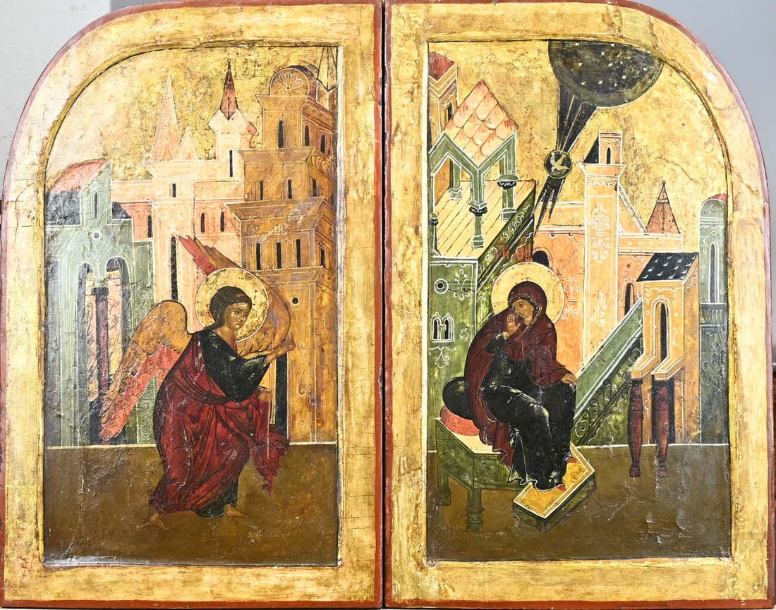 2-panel (icons): Pair of icons. From: Royal Doors. Annuciation: Message of the Angel Gabriel to Mary. Russian. First half of the 17th century. Vretska (old painting on linen, on renewed panel). Ex collection de