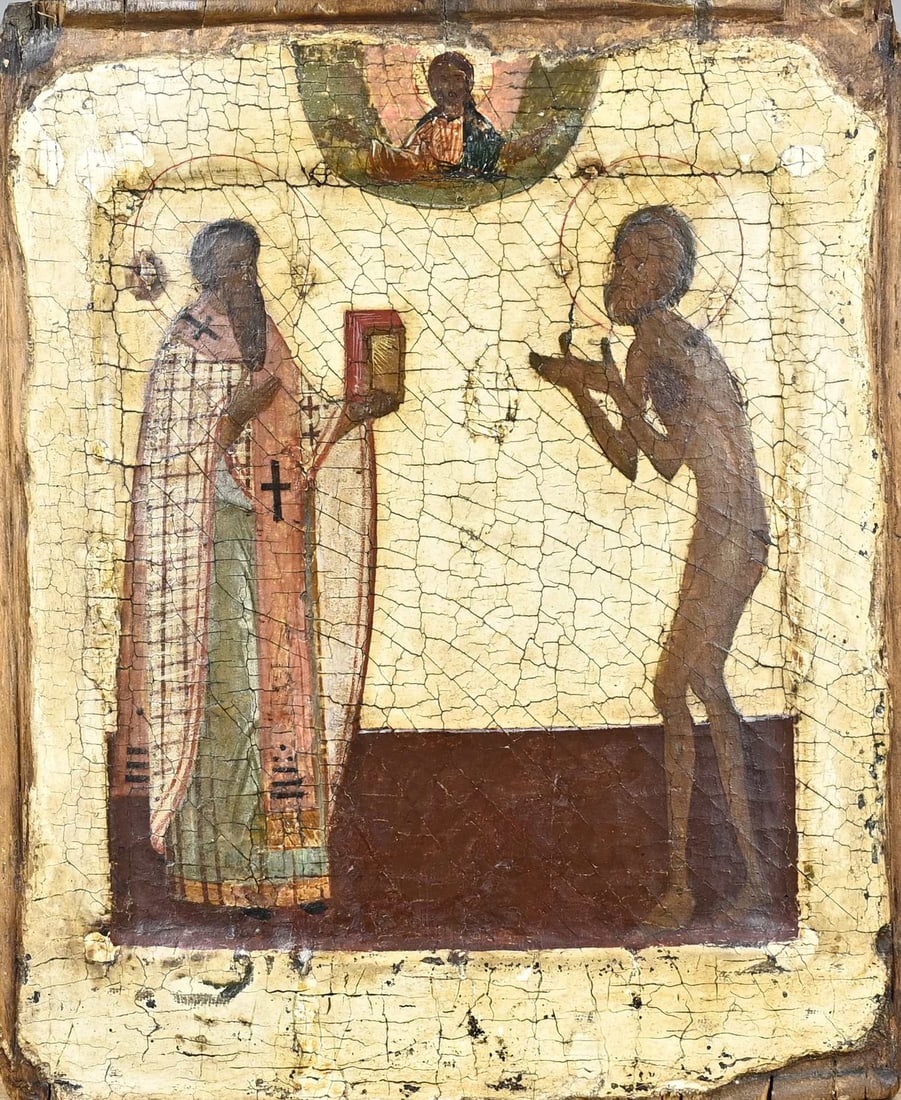 Icon: Wasilius the 'Fool for Christ's Sake'. And Wasilius the great church prince. Russia, first half 17th century. Chalk layer partly ground off. From the collection of the Weyenburg Echteld. Dimensions: