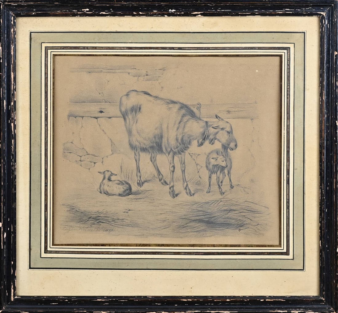 Eugene Verboeckhoven, Two goats in a stable: Eugene Verboeckhoven, 1857. 1798 - 1881. Belgian School. Two goats in a stable. Drawing on paper. Dimensions: H 26 x W 32 cm. In good condition.