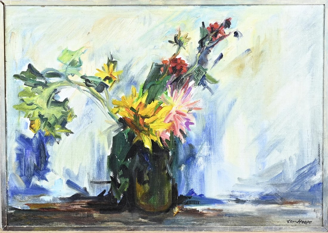 B. ten Hoope, Still life: Bob ten Hoope. 1920 - 2014. Vase with flowers. Oil on linen. Marouflé. Dimensions: H 36 x W 52 cm. In good condition.
