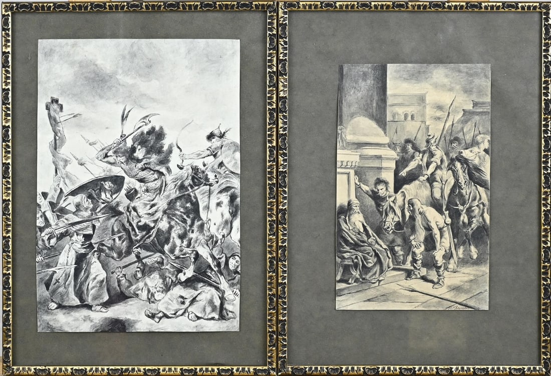 2x Drawing on paper: Two drawings PCF Reyneker. Circa 1900. Triumph Gallorum in Rome. Huns Slaughter. Drawing on paper. Dimensions: H 23 x W 15 cm. In good condition.