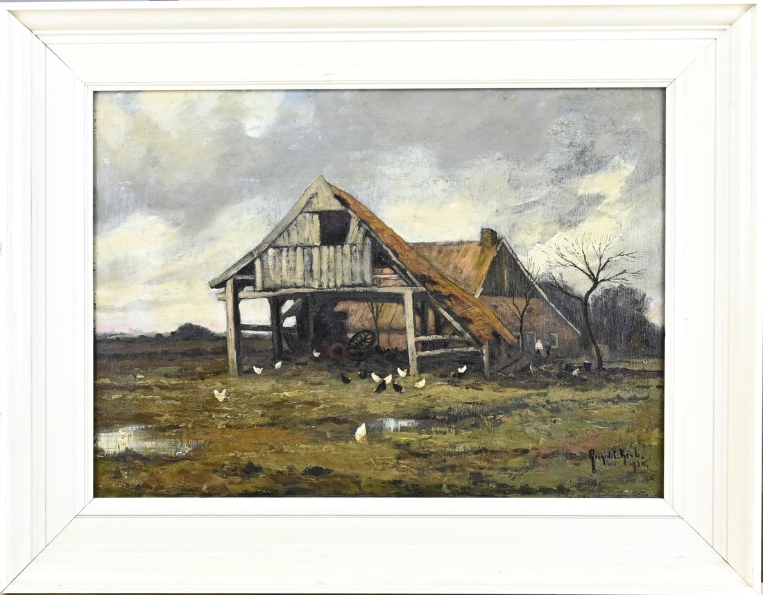 Gerard Krol, Aamsveen Farm: Gerard Krol. 1882 - 1950 Enschede. Farm Aamsveen. Oil on panel. Dimensions: H 35 x W 50 cm. In good condition.