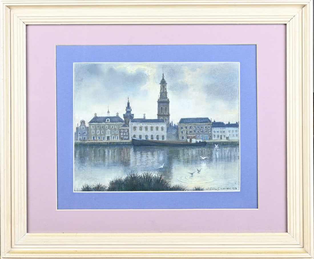MW van der Ende, View of Kampen: Maarten Willem van der Ende. 1907 - 1990. View of Kampen at night. Pastel on paper. Dimensions: H 24 x W 31 cm. In good condition.
