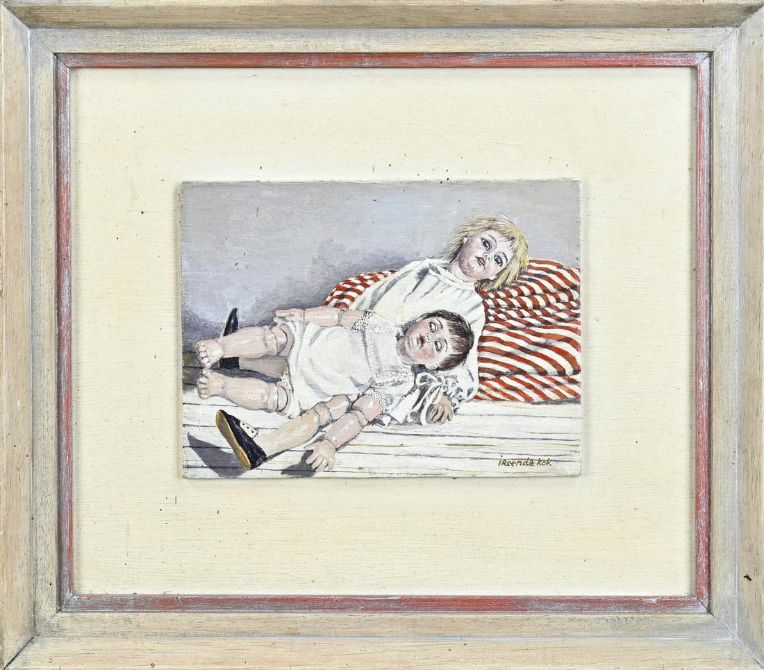 Ireen de Kok, Dolls: Ireen de Kok. 20th Century. Title: Dolls. Oil on panel. Dimensions: H 40 x W 40 cm. In good condition.