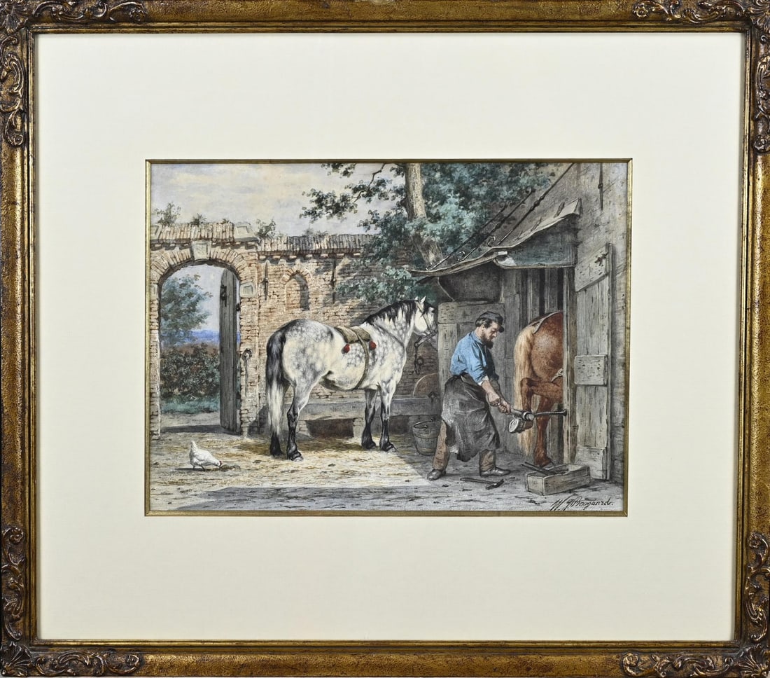 WJ Boogaard, Farrier: WJ Boogaard. 1842 - 1888. Blacksmith at work. Watercolour on paper. Dimensions: H 30 x W 42 cm. In good condition.