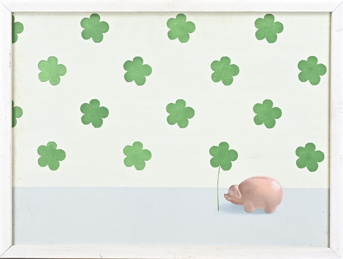 Pit van Loo, Clover composition with piggy bank: Pit van Loo. 1905 - 1993. Clover composition with piggy bank. Oil on panel. Dimensions: H 58 x W 78 cm. In good condition.