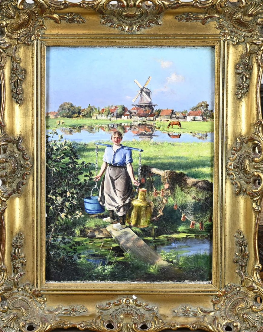 J. Miedema, Sunny Dutch landscape: Johan Miedema. 1870 - 1952. Sunny Dutch landscape with milkmaid, village and windmill. Oil on panel. Dimensions: ..................... In good condition.